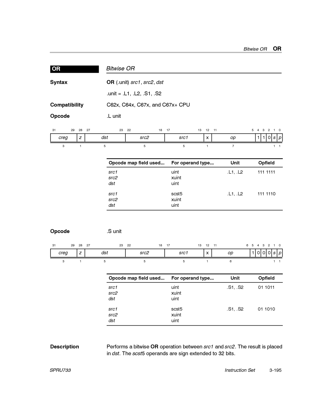 Texas Instruments TMS320C67X/C67X+ DSP manual Bitwise or 