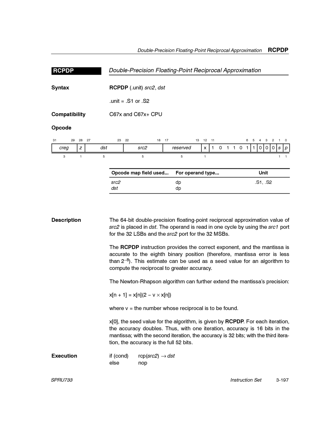 Texas Instruments TMS320C67X/C67X+ DSP manual Double-Precision Floating-Point Reciprocal Approximation, Rcpdp 