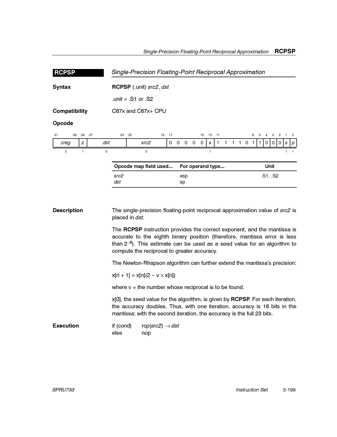 Texas Instruments TMS320C67X/C67X+ DSP manual Single-Precision Floating-Point Reciprocal Approximation, Rcpsp 