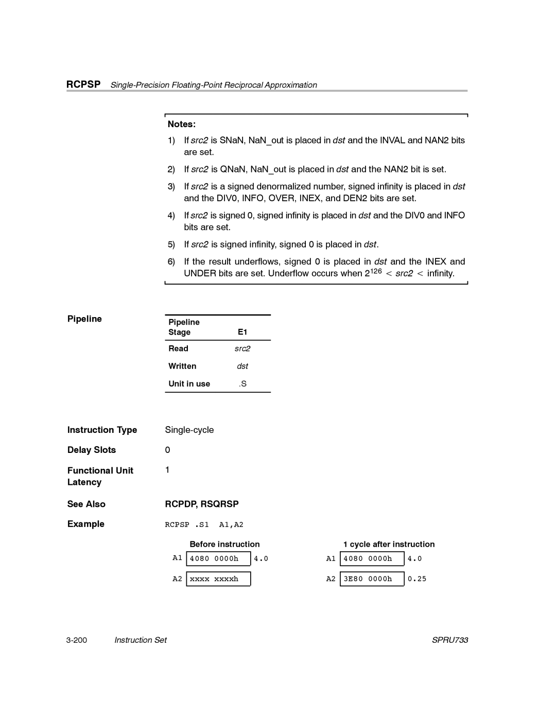 Texas Instruments TMS320C67X/C67X+ DSP manual RCPDP, Rsqrsp, Before instruction 