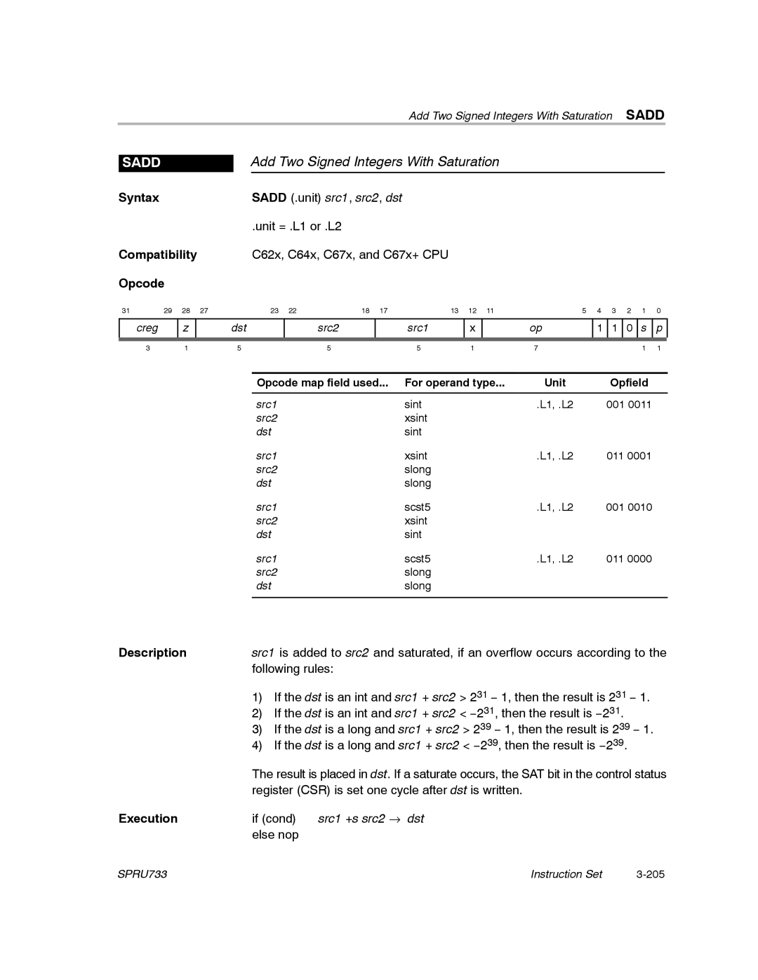 Texas Instruments TMS320C67X/C67X+ DSP manual Add Two Signed Integers With Saturation, Sadd 