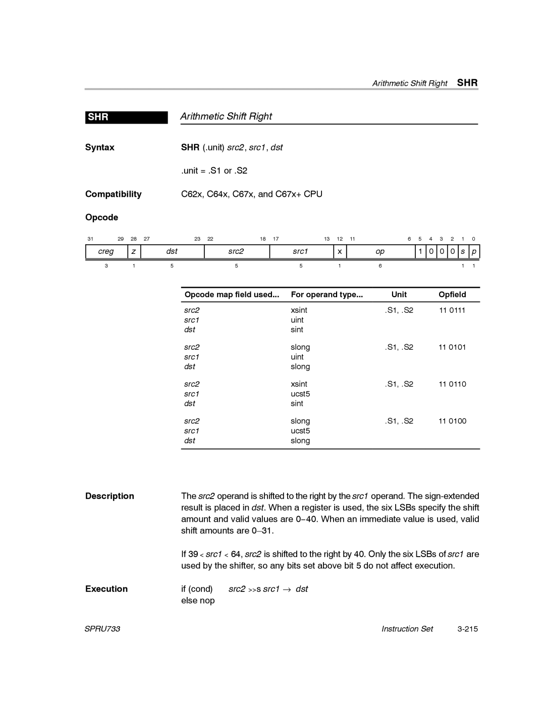 Texas Instruments TMS320C67X/C67X+ DSP manual Arithmetic Shift Right, Shr 