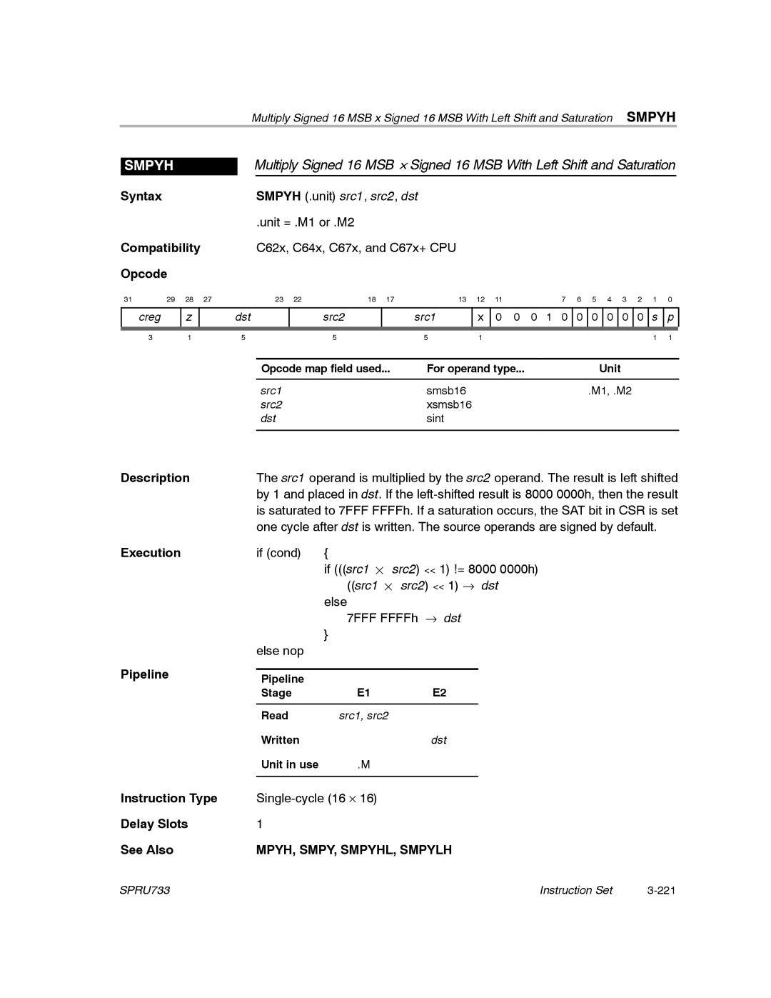 Texas Instruments TMS320C67X/C67X+ DSP manual Smpyh, MPYH, SMPY, SMPYHL, Smpylh 