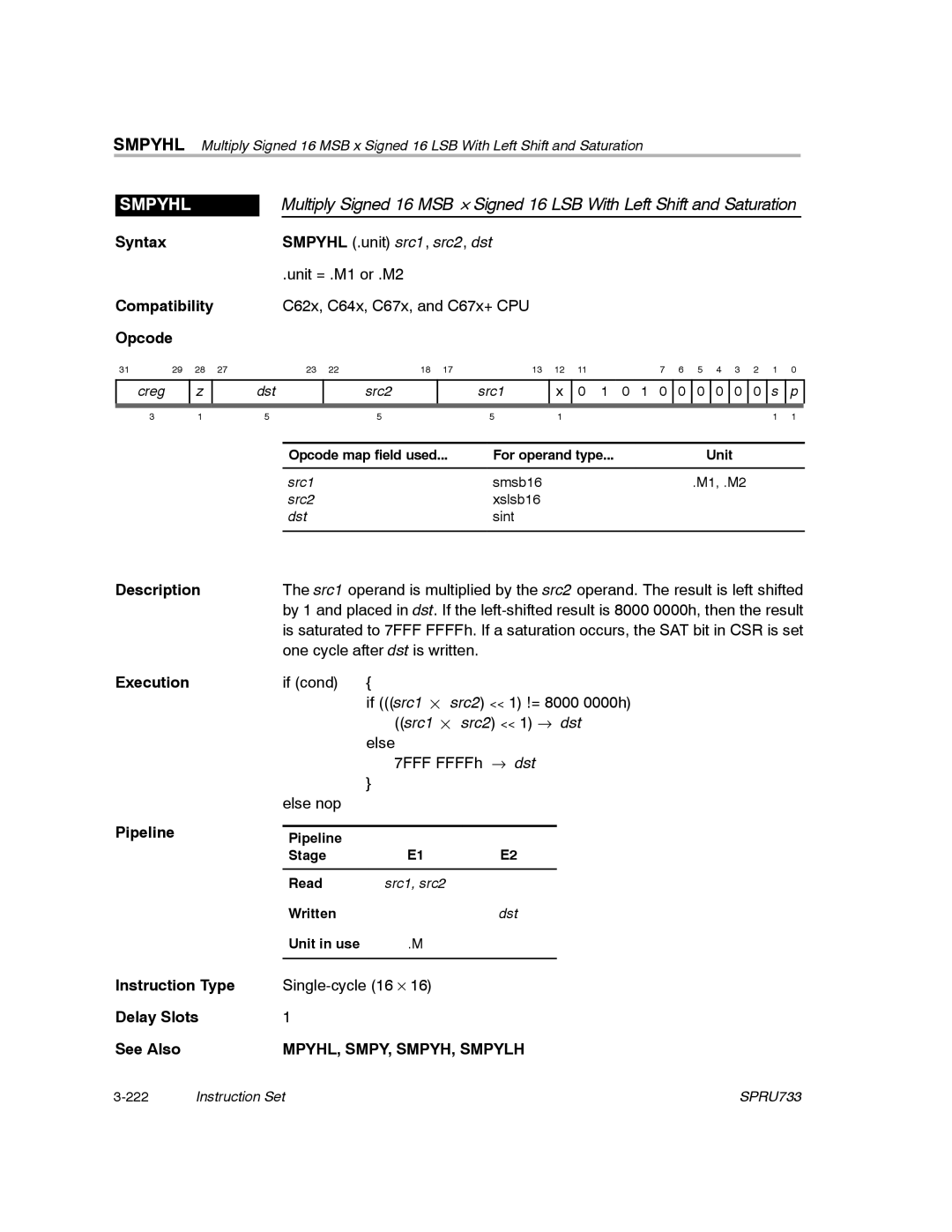 Texas Instruments TMS320C67X/C67X+ DSP manual Smpyhl, MPYHL, SMPY, SMPYH, Smpylh 