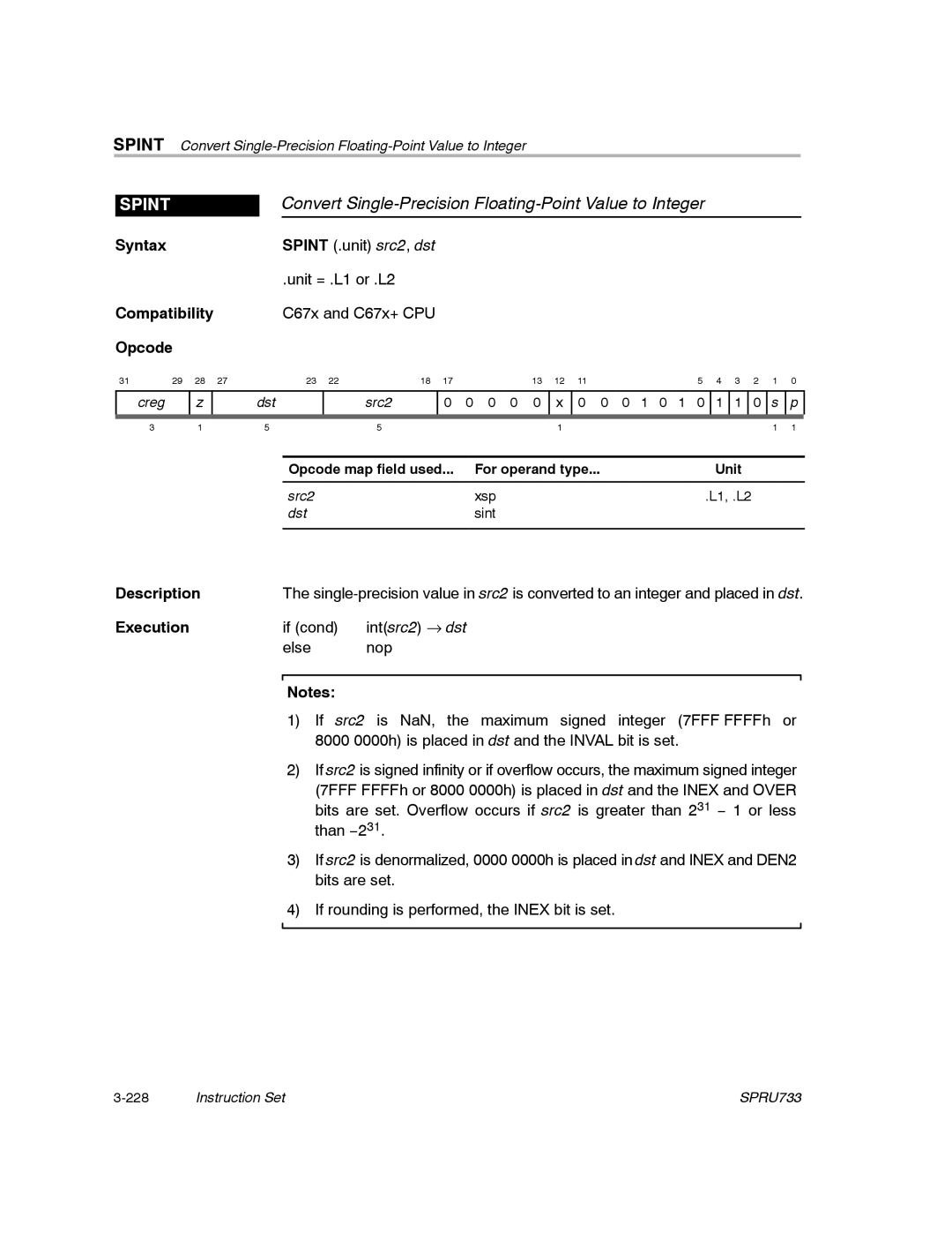 Texas Instruments TMS320C67X/C67X+ DSP manual Convert Single-Precision Floating-Point Value to Integer, Spint 