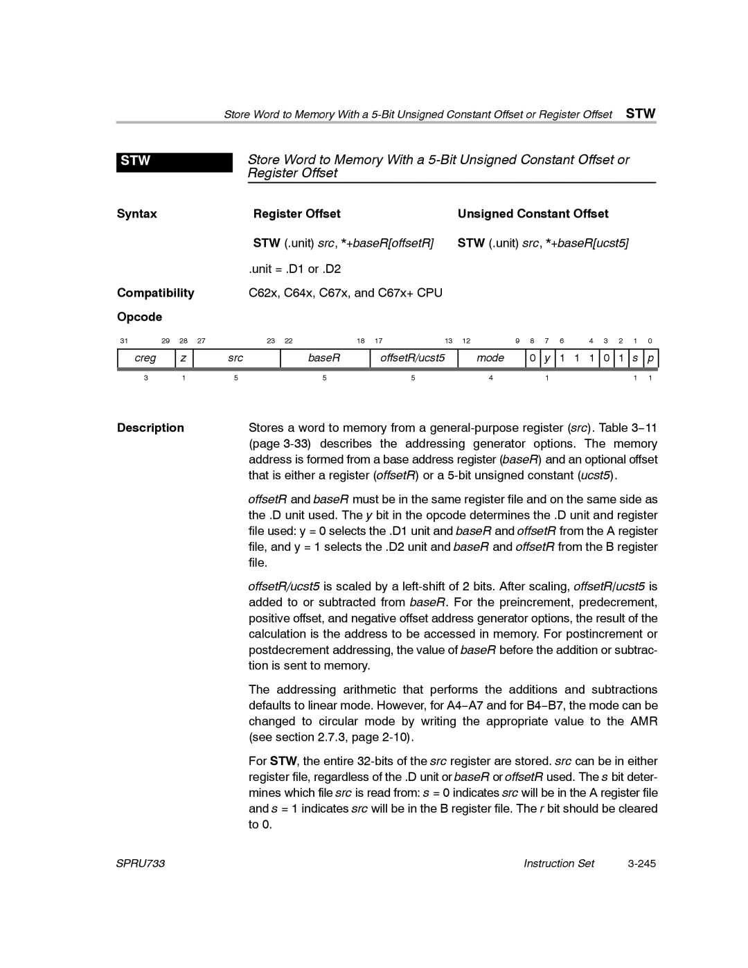 Texas Instruments TMS320C67X/C67X+ DSP manual Stw, Register Offset 