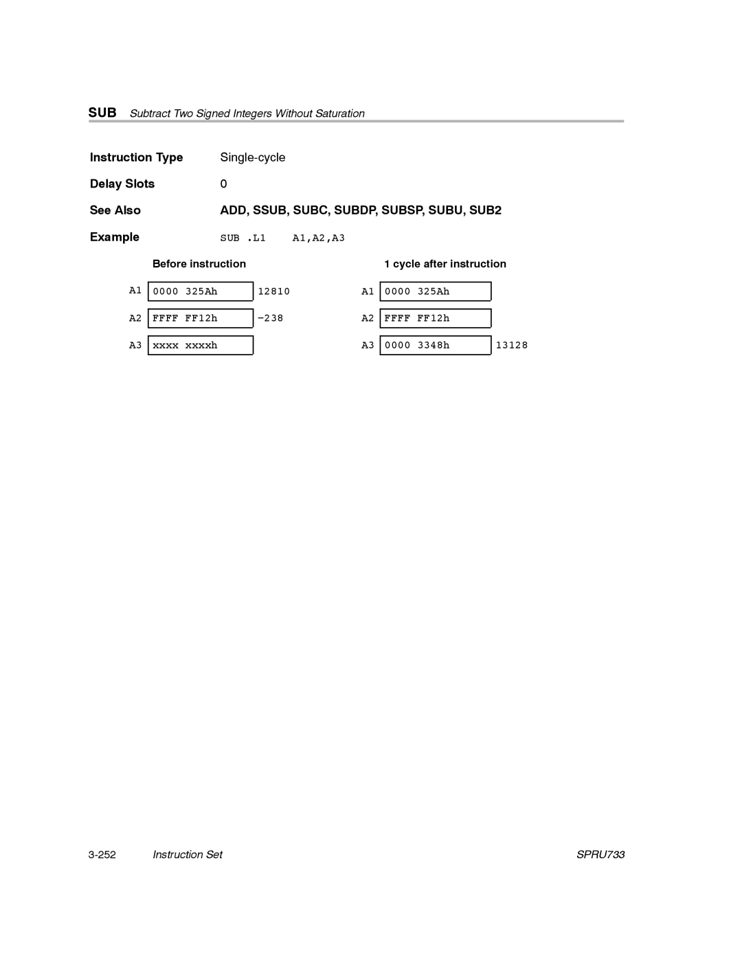 Texas Instruments TMS320C67X/C67X+ DSP manual ADD, SSUB, SUBC, SUBDP, SUBSP, SUBU, SUB2 