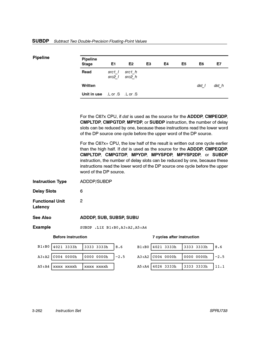 Texas Instruments TMS320C67X/C67X+ DSP manual ADDDP, SUB, SUBSP, Subu, Pipeline Stage Read 