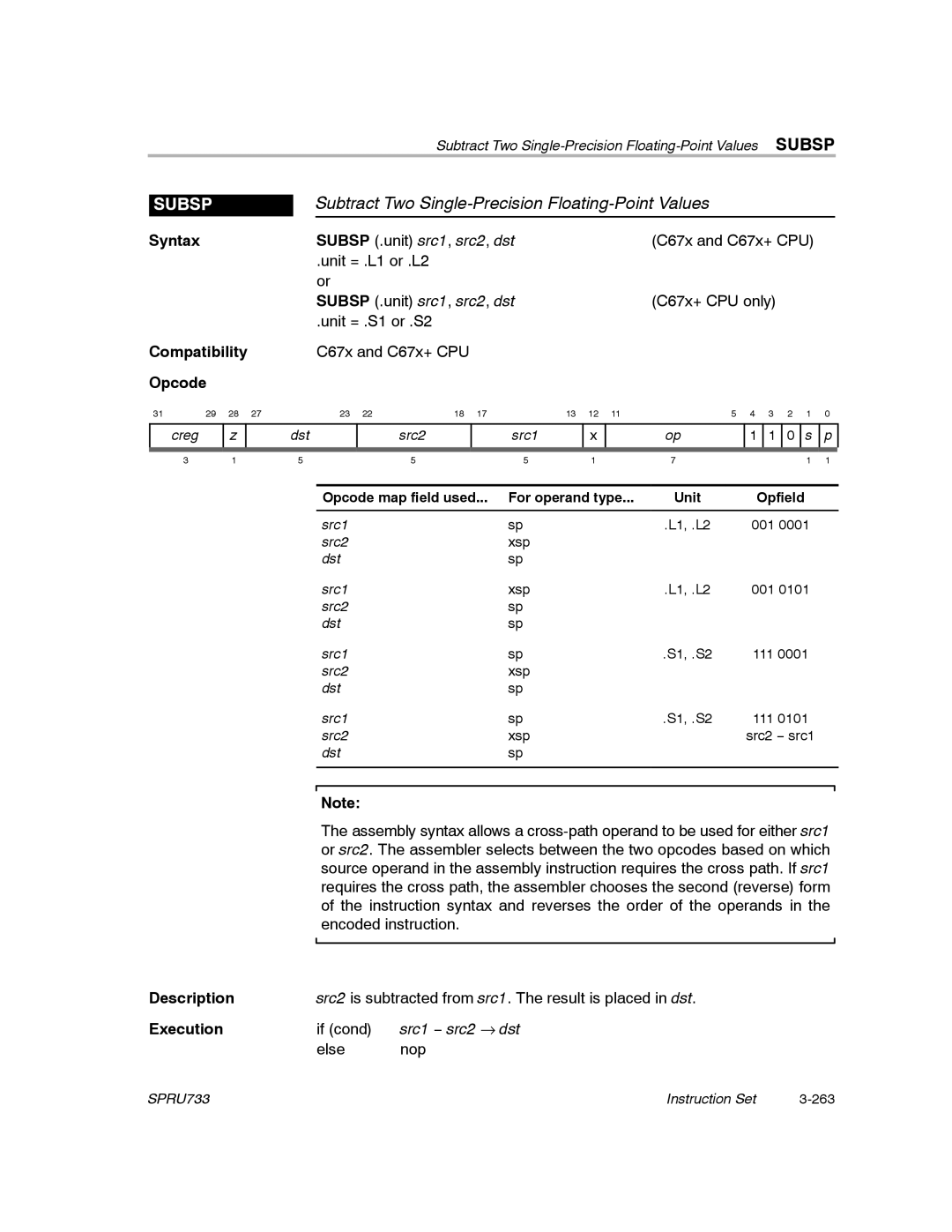 Texas Instruments TMS320C67X/C67X+ DSP manual Subtract Two Single-Precision Floating-Point Values, Subsp 