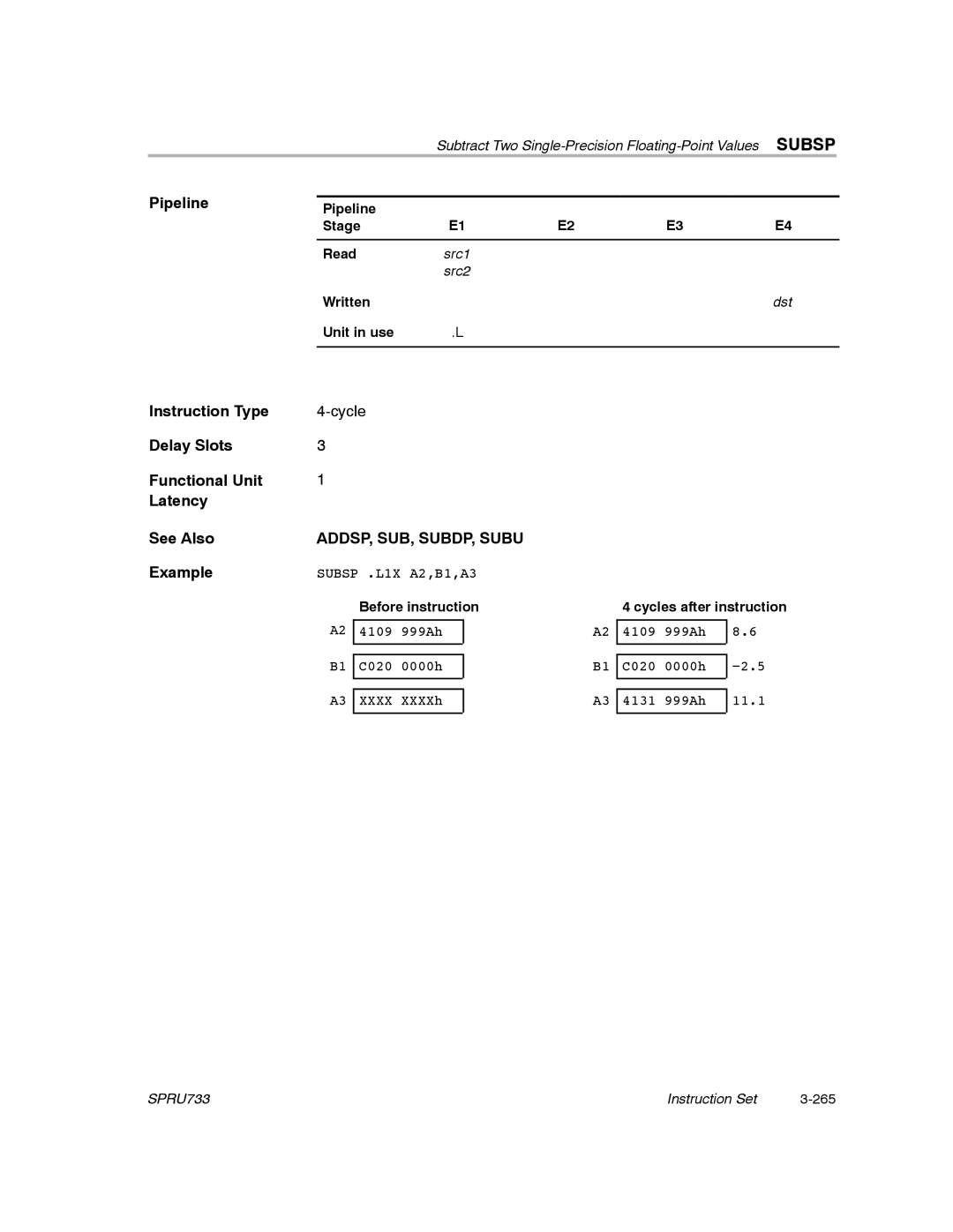 Texas Instruments TMS320C67X/C67X+ DSP manual ADDSP, SUB, SUBDP, Subu, Pipeline Stage Read 