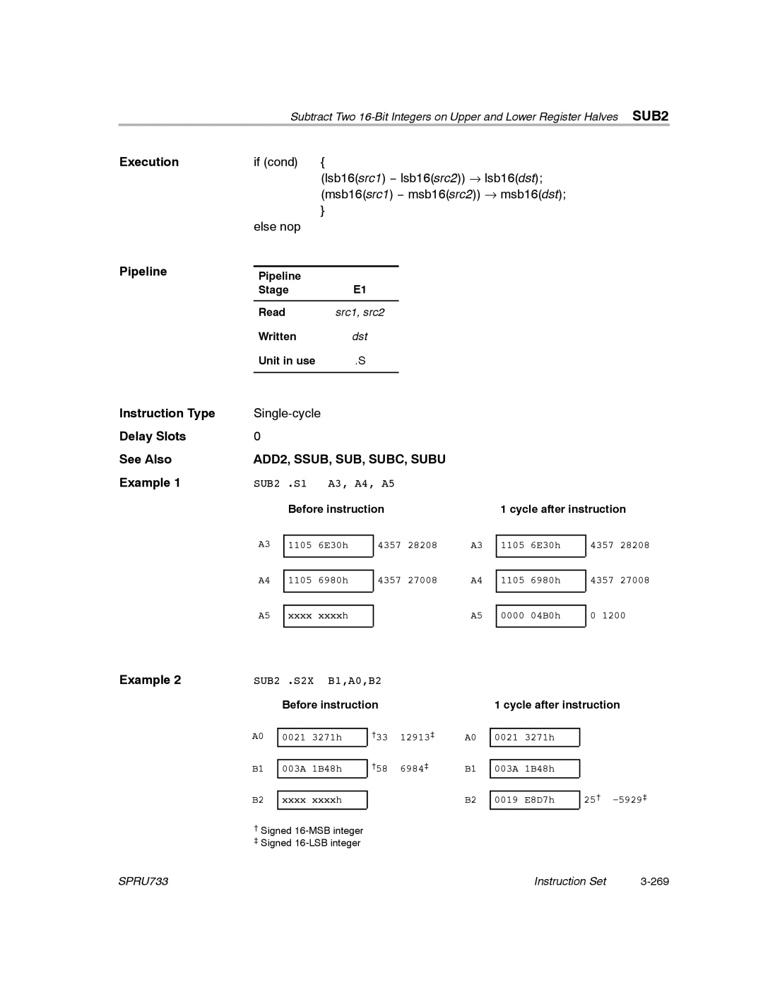 Texas Instruments TMS320C67X/C67X+ DSP manual ADD2, SSUB, SUB, SUBC, Subu, Pipeline Stage Read 