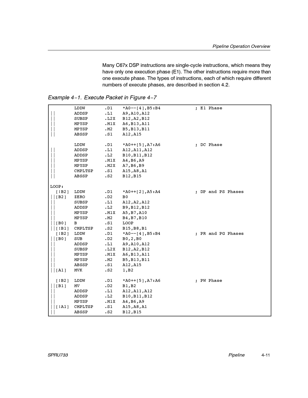 Texas Instruments TMS320C67X/C67X+ DSP manual Example 4−1. Execute Packet in −7 