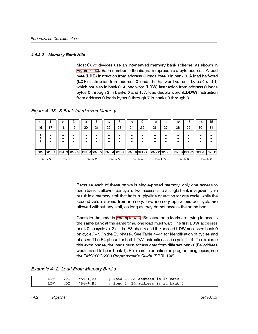 Texas Instruments TMS320C67X/C67X+ DSP manual 33 -Bank Interleaved Memory, Example 4−2. Load From Memory Banks 