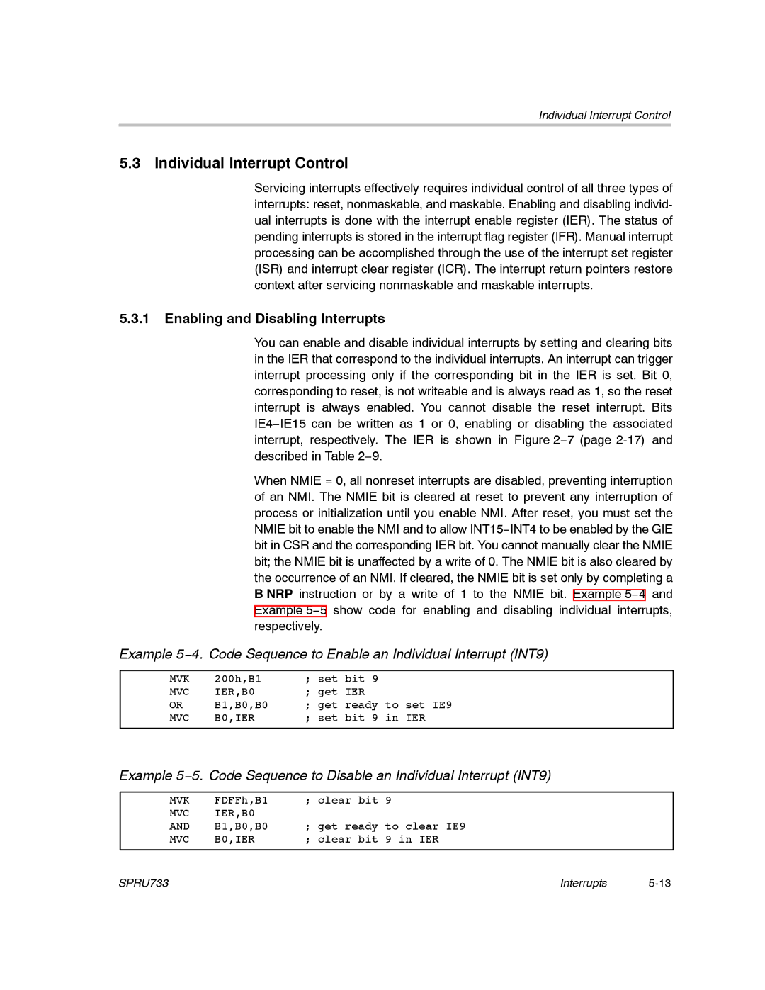 Texas Instruments TMS320C67X/C67X+ DSP manual Individual Interrupt Control, Enabling and Disabling Interrupts 