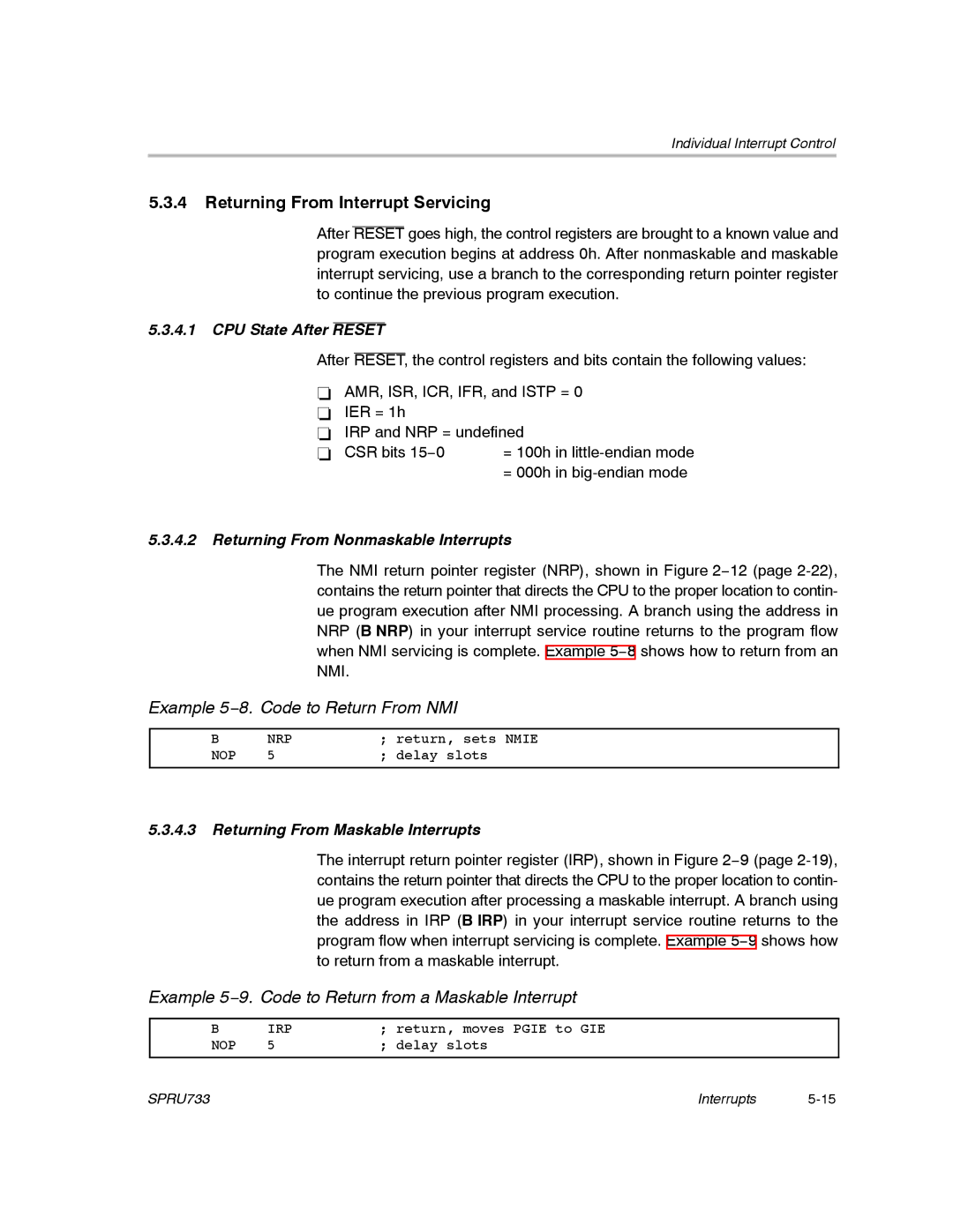 Texas Instruments TMS320C67X/C67X+ DSP manual Returning From Interrupt Servicing, Example 5−8. Code to Return From NMI 