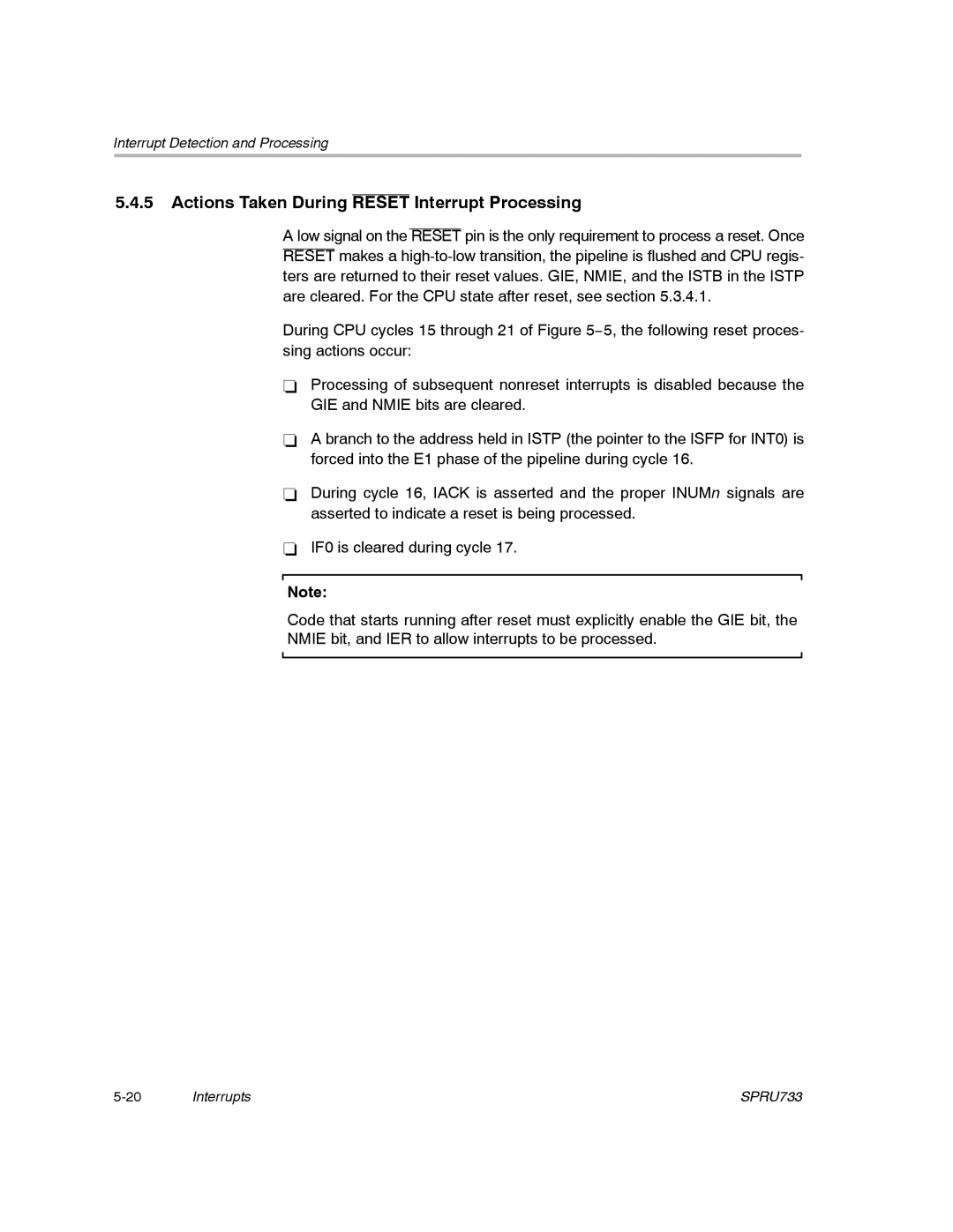 Texas Instruments TMS320C67X/C67X+ DSP manual Actions Taken During Reset Interrupt Processing 