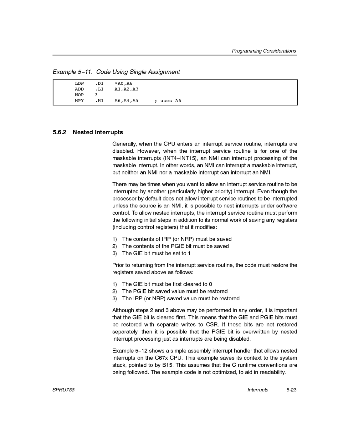 Texas Instruments TMS320C67X/C67X+ DSP manual Example 5−11. Code Using Single Assignment, Nested Interrupts 