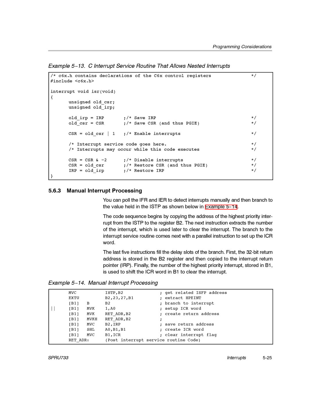 Texas Instruments TMS320C67X/C67X+ DSP manual Example 5−14. Manual Interrupt Processing 