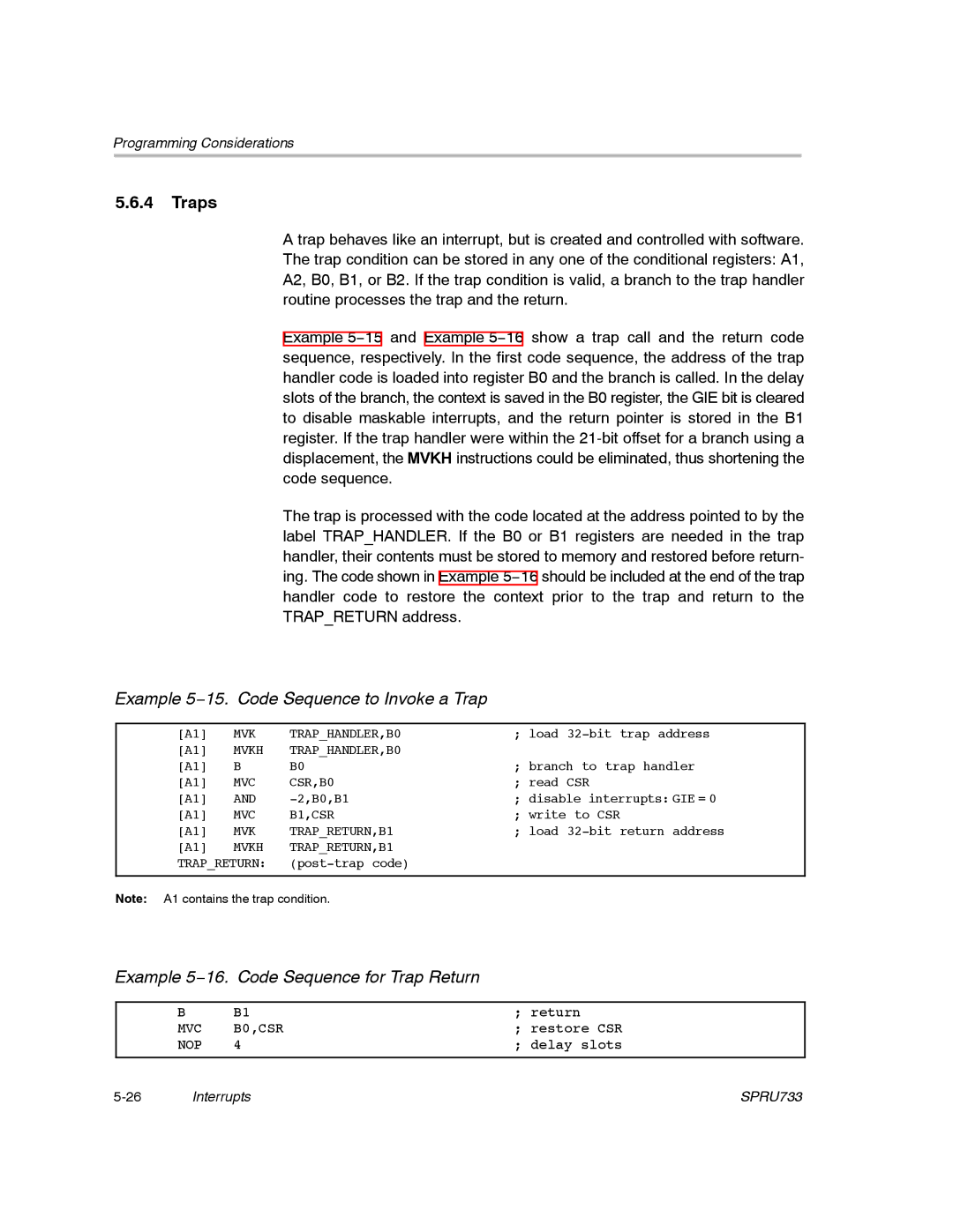 Texas Instruments TMS320C67X/C67X+ DSP manual Traps, Example 5−15. Code Sequence to Invoke a Trap 