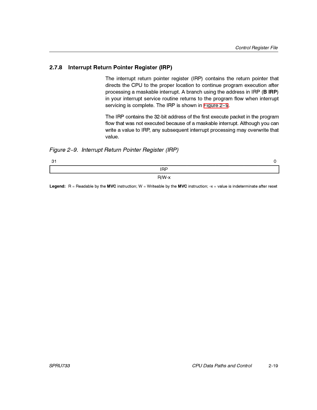 Texas Instruments TMS320C67X/C67X+ DSP manual 9. Interrupt Return Pointer Register IRP 