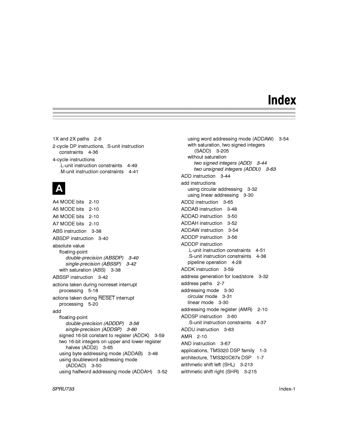 Texas Instruments TMS320C67X/C67X+ DSP manual Index 