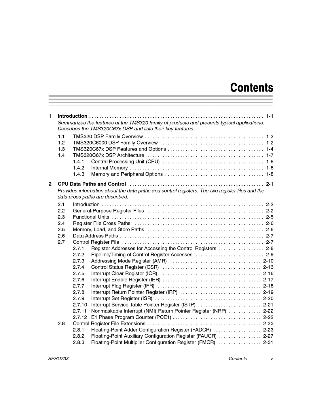 Texas Instruments TMS320C67X/C67X+ DSP manual Contents 