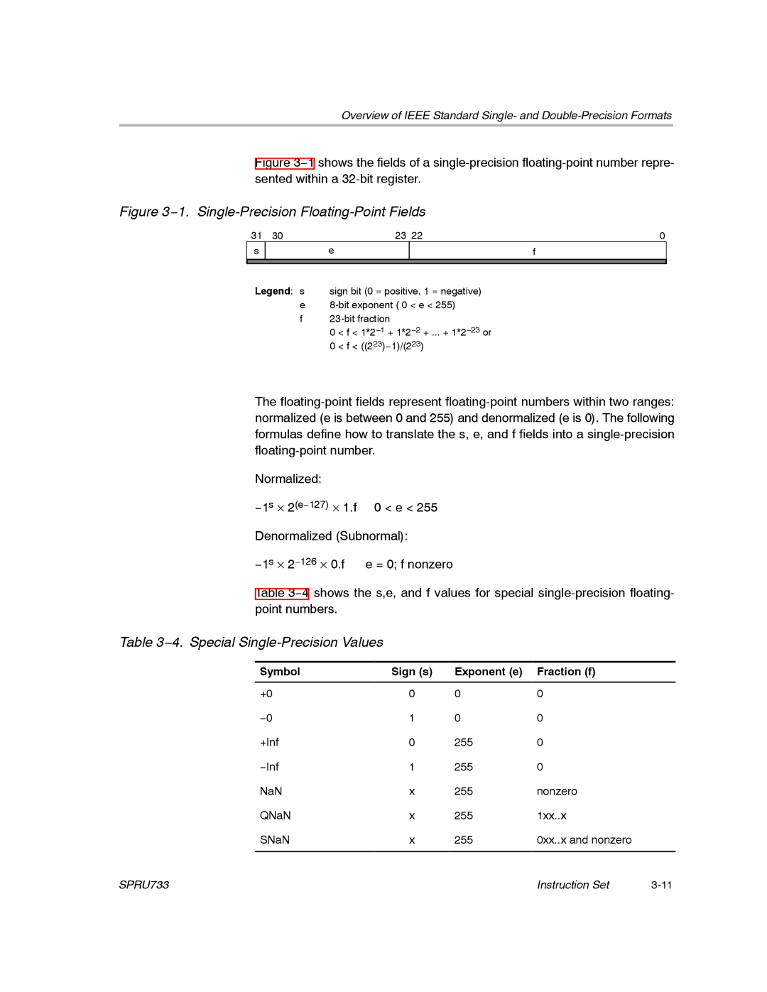 Texas Instruments TMS320C67X/C67X+ DSP manual 4. Special Single-Precision Values, Symbol Sign s Exponent e Fraction f 