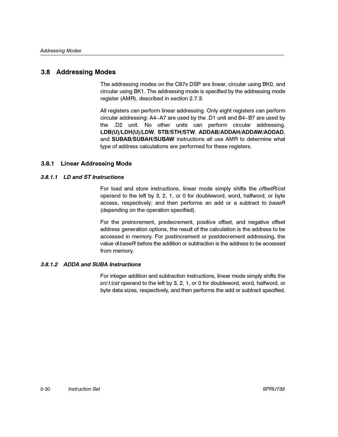 Texas Instruments TMS320C67X/C67X+ DSP manual Addressing Modes, Linear Addressing Mode 