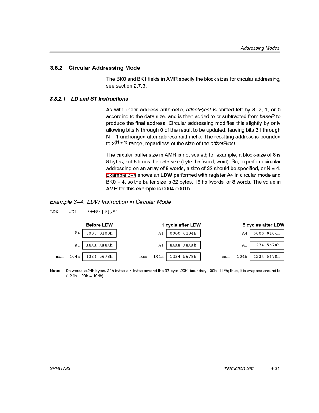 Texas Instruments TMS320C67X/C67X+ DSP Circular Addressing Mode, Example 3−4. LDW Instruction in Circular Mode, Before LDW 