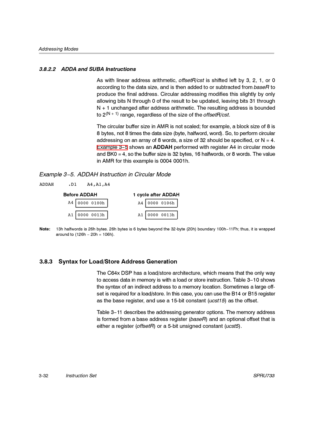 Texas Instruments TMS320C67X/C67X+ DSP Example 3−5. Addah Instruction in Circular Mode, Before Addah, Cycle after Addah 