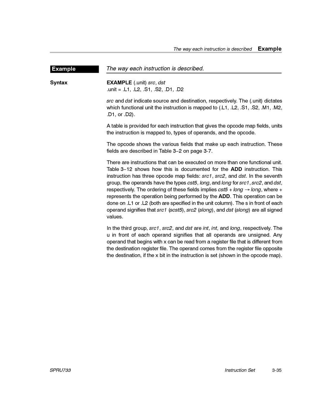 Texas Instruments TMS320C67X/C67X+ DSP manual Way each instruction is described, Example 