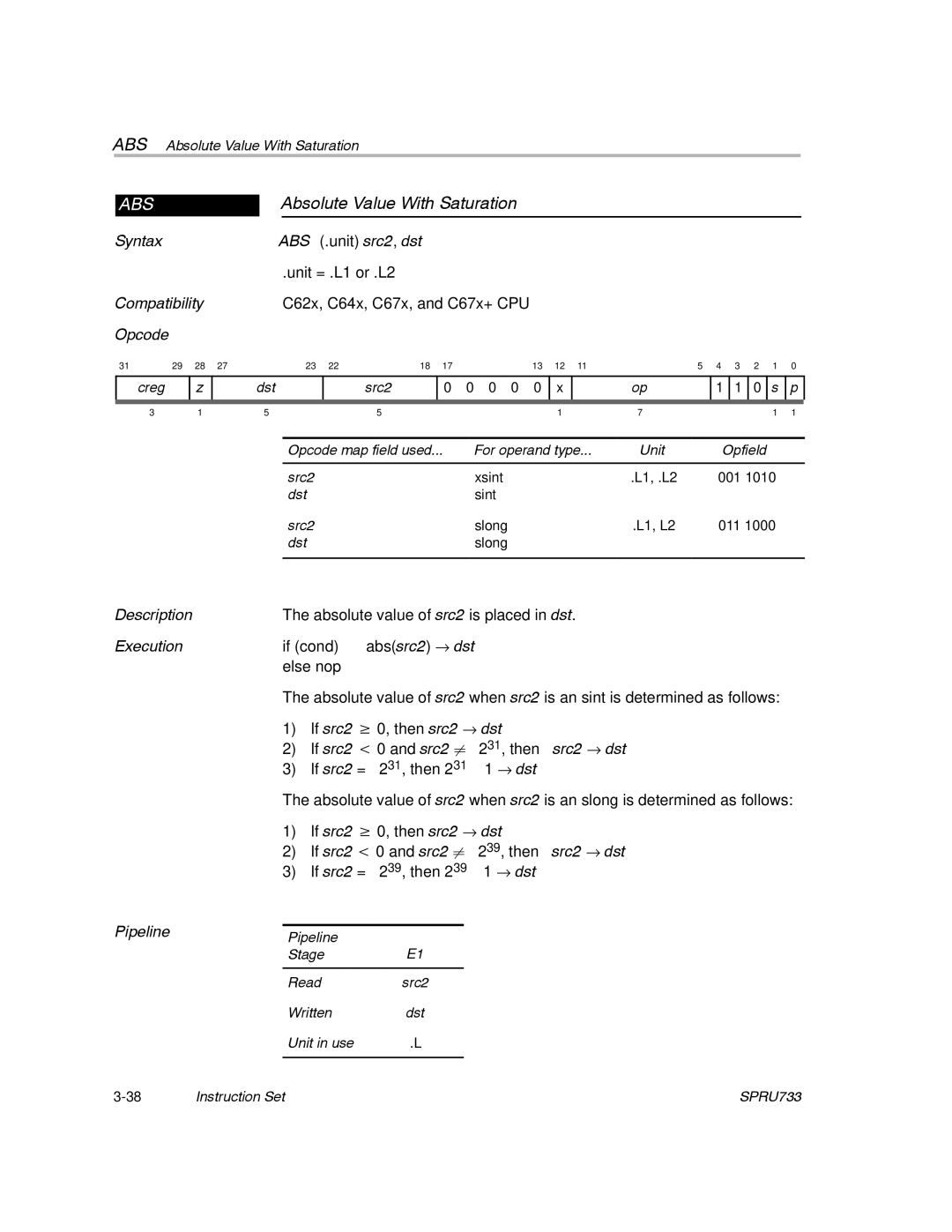 Texas Instruments TMS320C67X/C67X+ DSP Absolute Value With Saturation, Pipeline StageE1 Read src2 Written dst Unit in use 