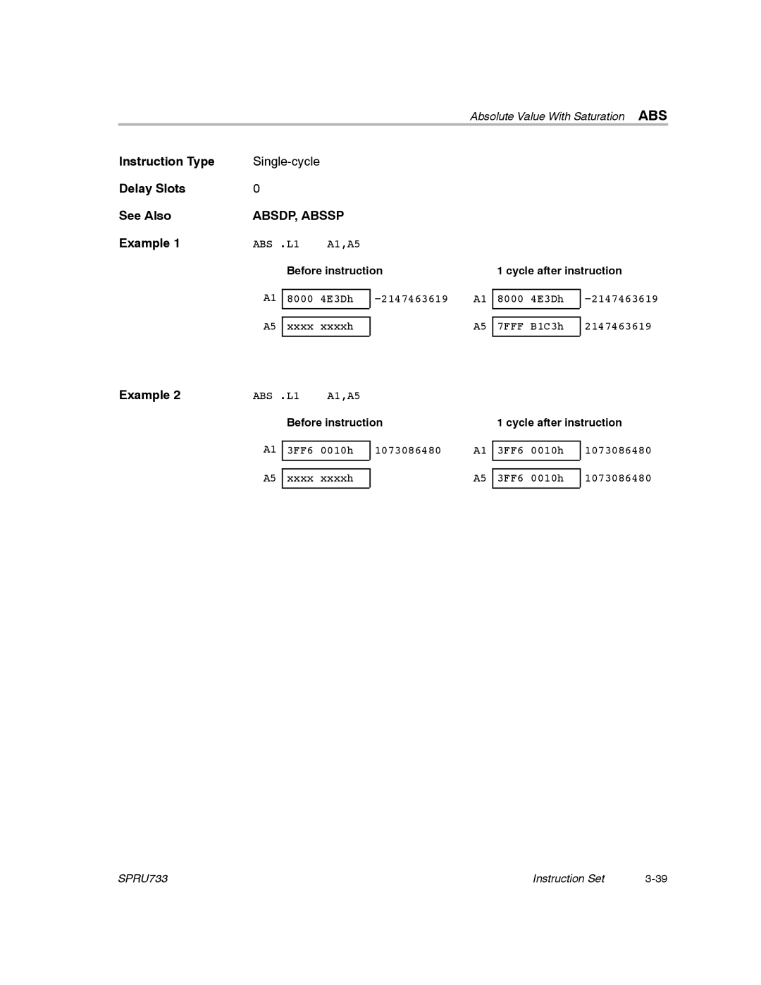 Texas Instruments TMS320C67X/C67X+ DSP manual ABSDP, Abssp, Before instruction, Cycle after instruction 