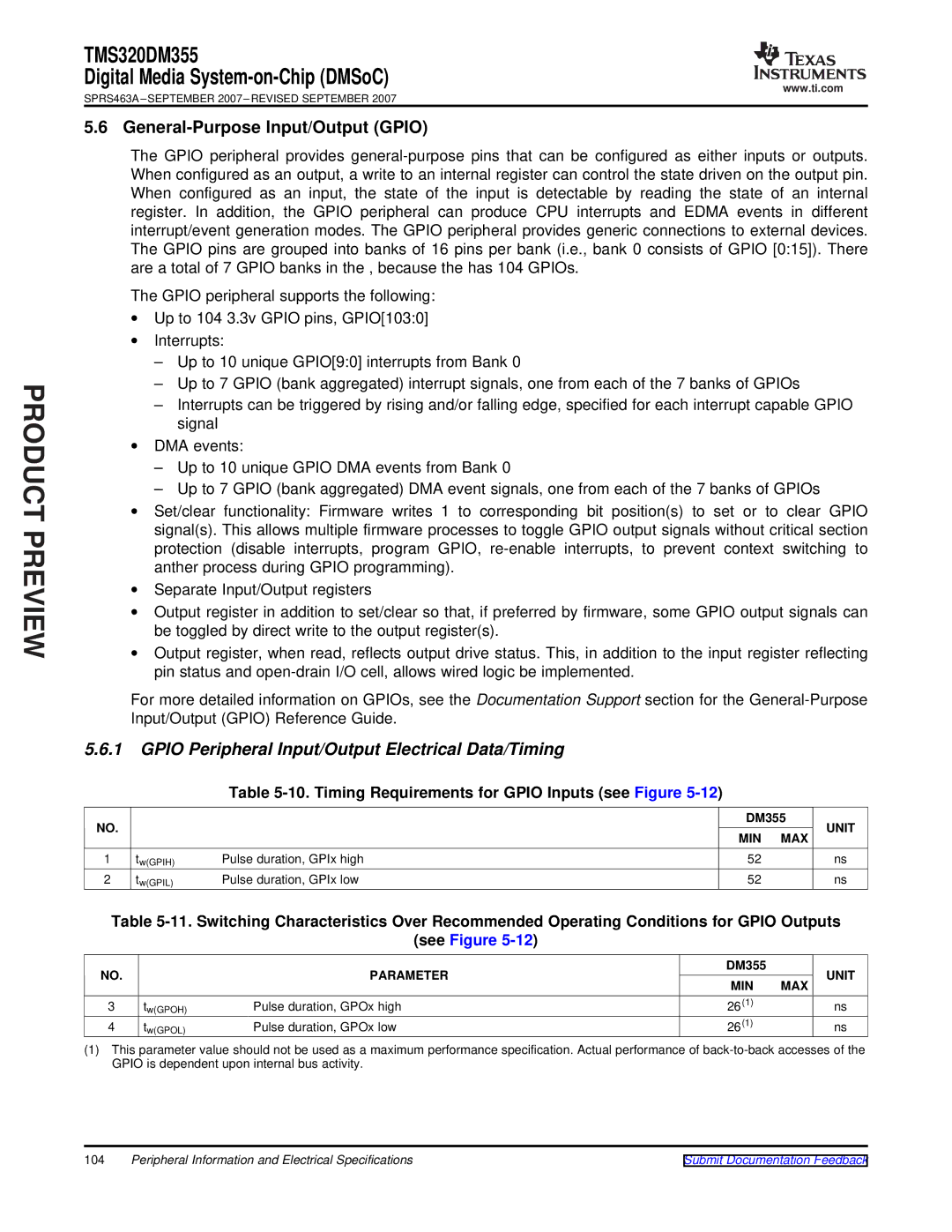 Texas Instruments TMS320DM355 General-Purpose Input/Output Gpio, Gpio Peripheral Input/Output Electrical Data/Timing 