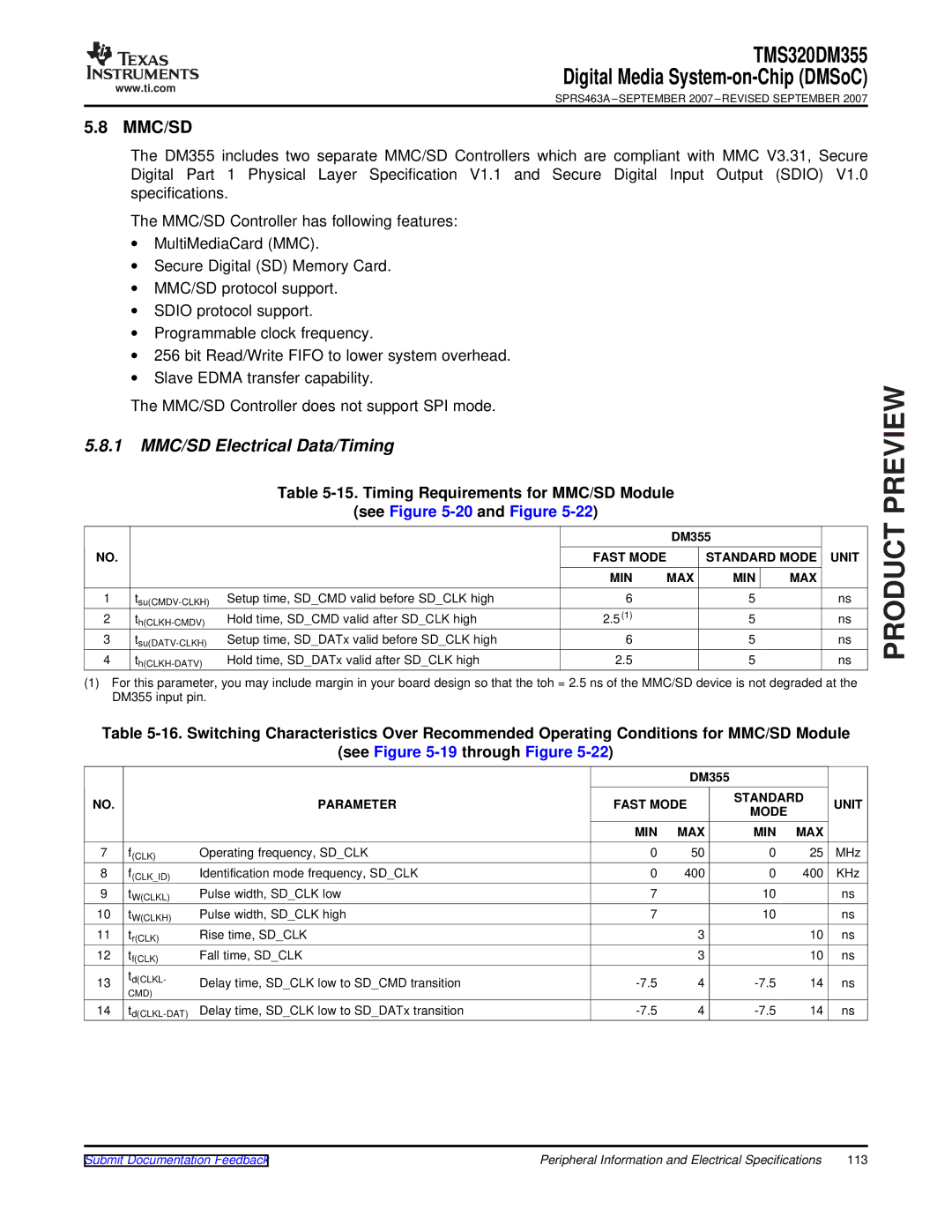 Texas Instruments TMS320DM355 warranty Mmc/Sd, 1 MMC/SD Electrical Data/Timing, Timing Requirements for MMC/SD Module 