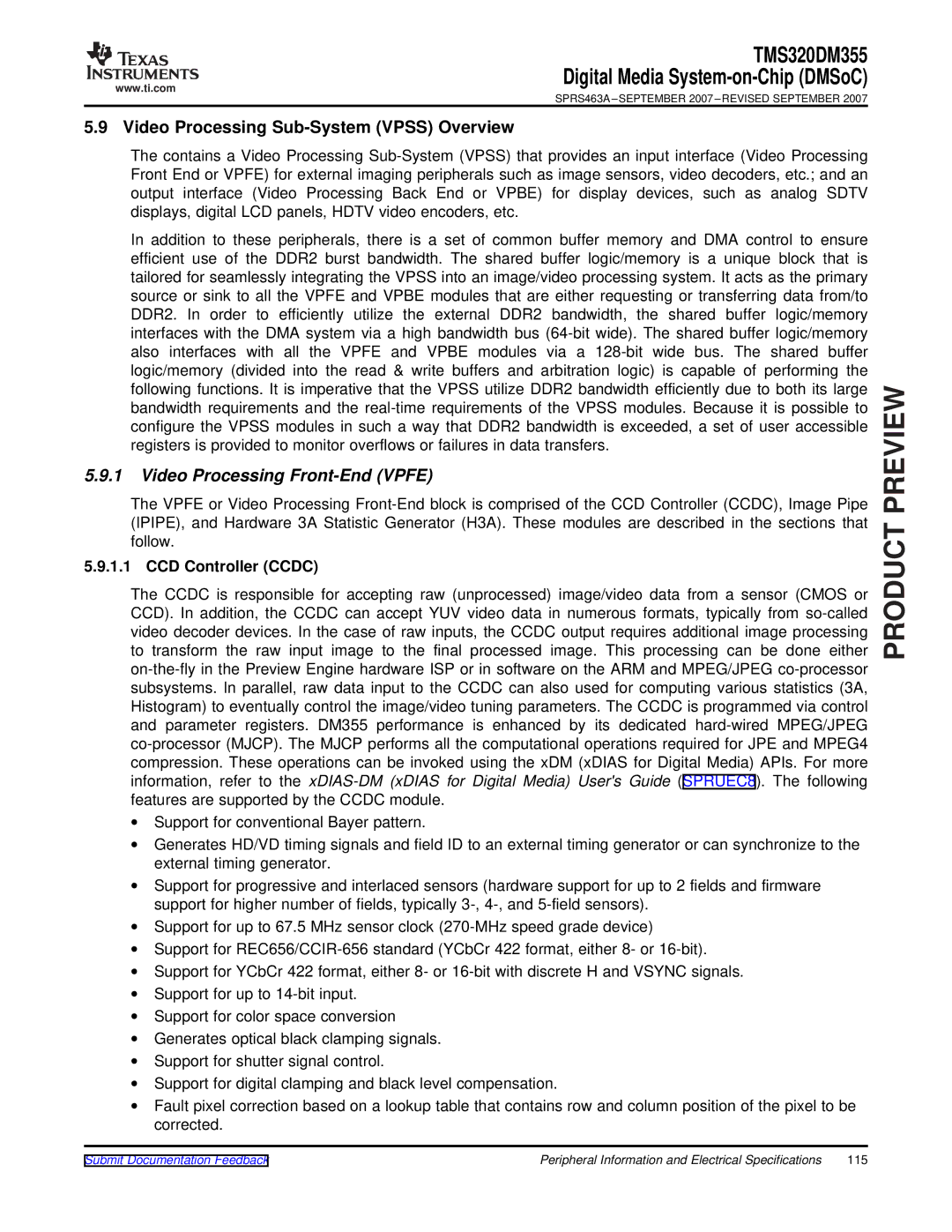 Texas Instruments TMS320DM355 warranty Video Processing Sub-System Vpss Overview, Video Processing Front-End Vpfe 