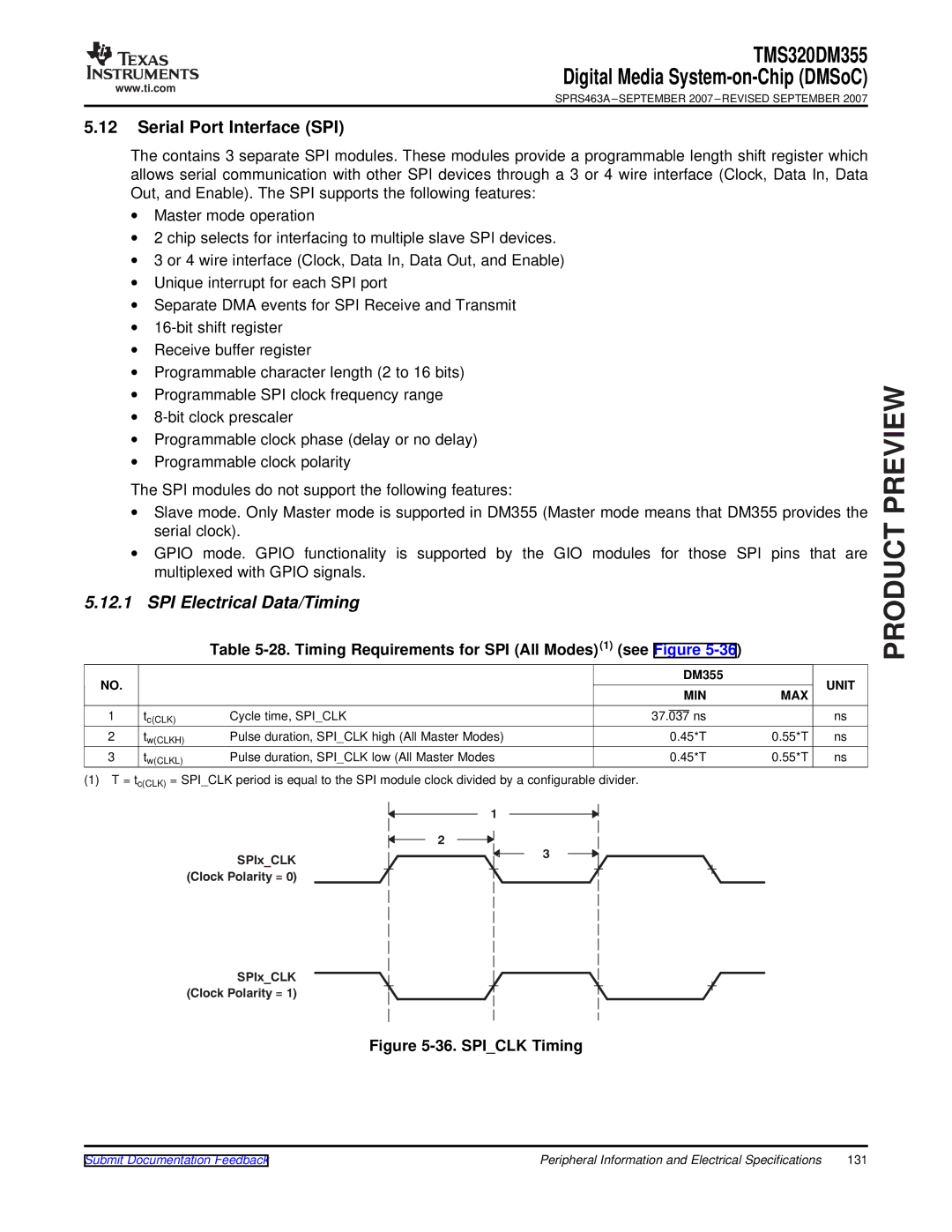 Texas Instruments TMS320DM355 warranty Serial Port Interface SPI, SPI Electrical Data/Timing, SPIxCLK ClockPolarity=0 