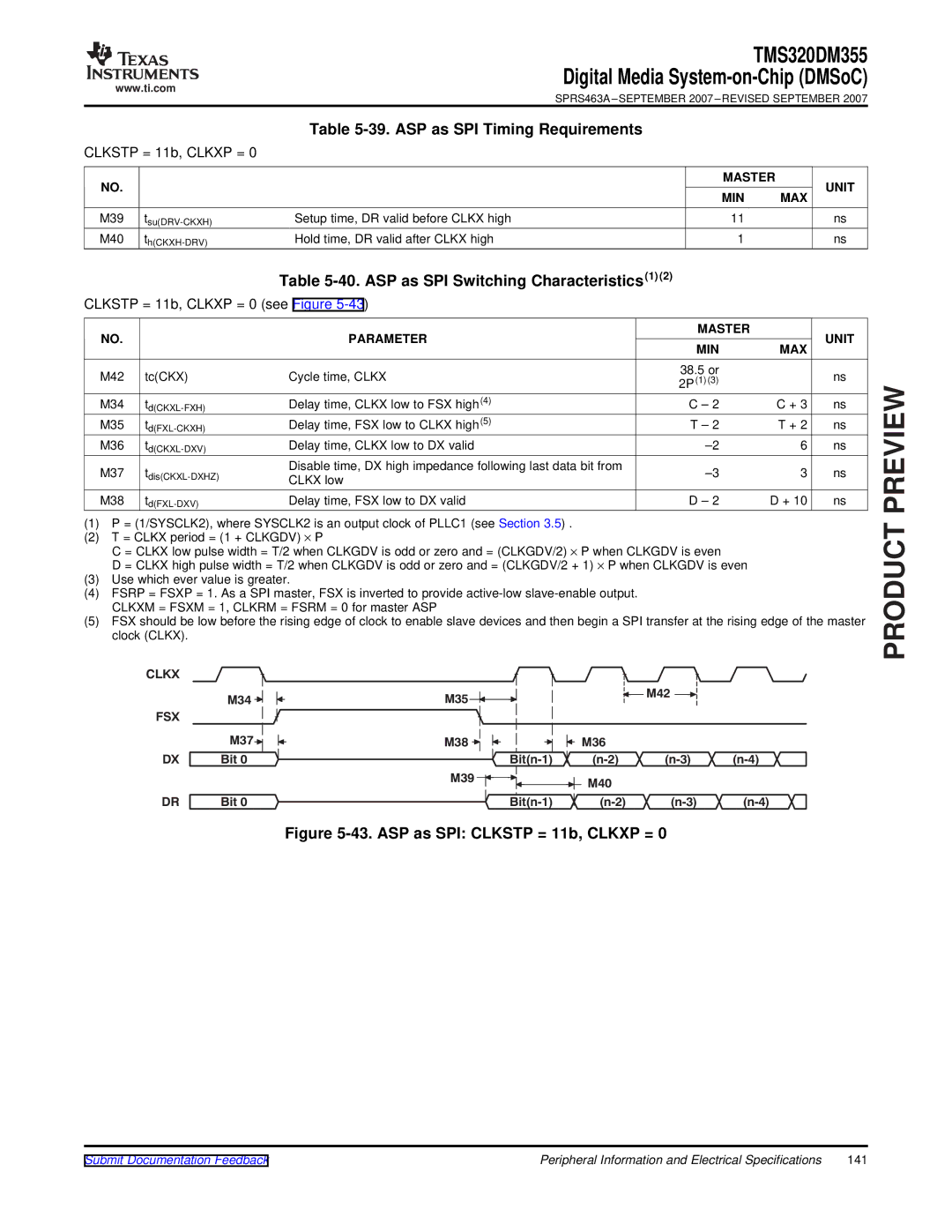 Texas Instruments TMS320DM355 warranty ASP as SPI Timing Requirements, ASP as SPI Switching Characteristics1, M34 M35 M42 