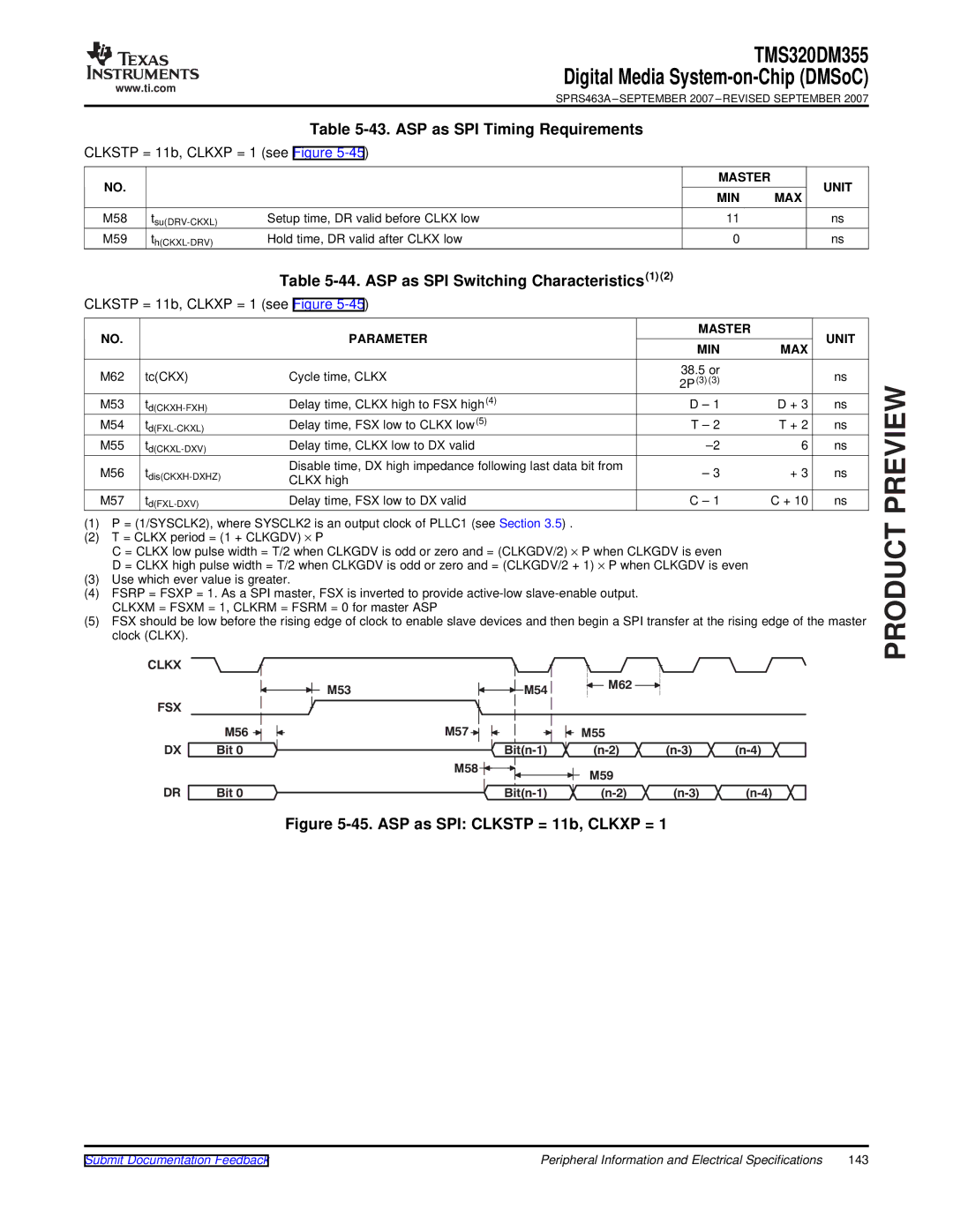 Texas Instruments TMS320DM355 ASP as SPI Timing Requirements, ASP as SPI Switching Characteristics1, M53 M54 M62, M56 