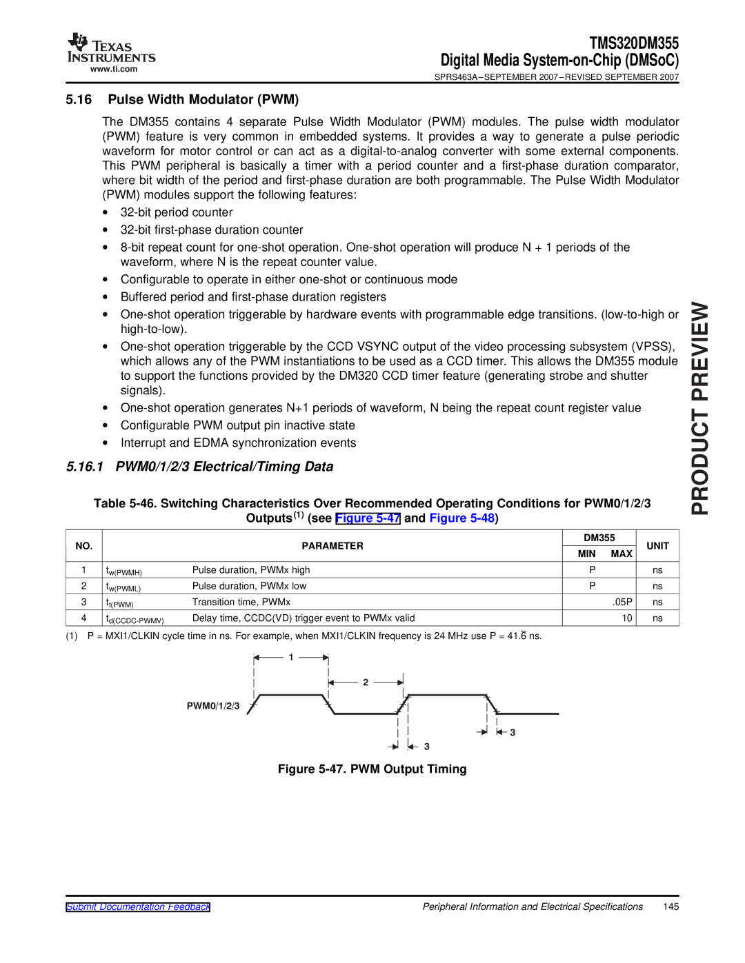 Texas Instruments TMS320DM355 warranty Pulse Width Modulator PWM, 16.1 PWM0/1/2/3 Electrical/Timing Data 