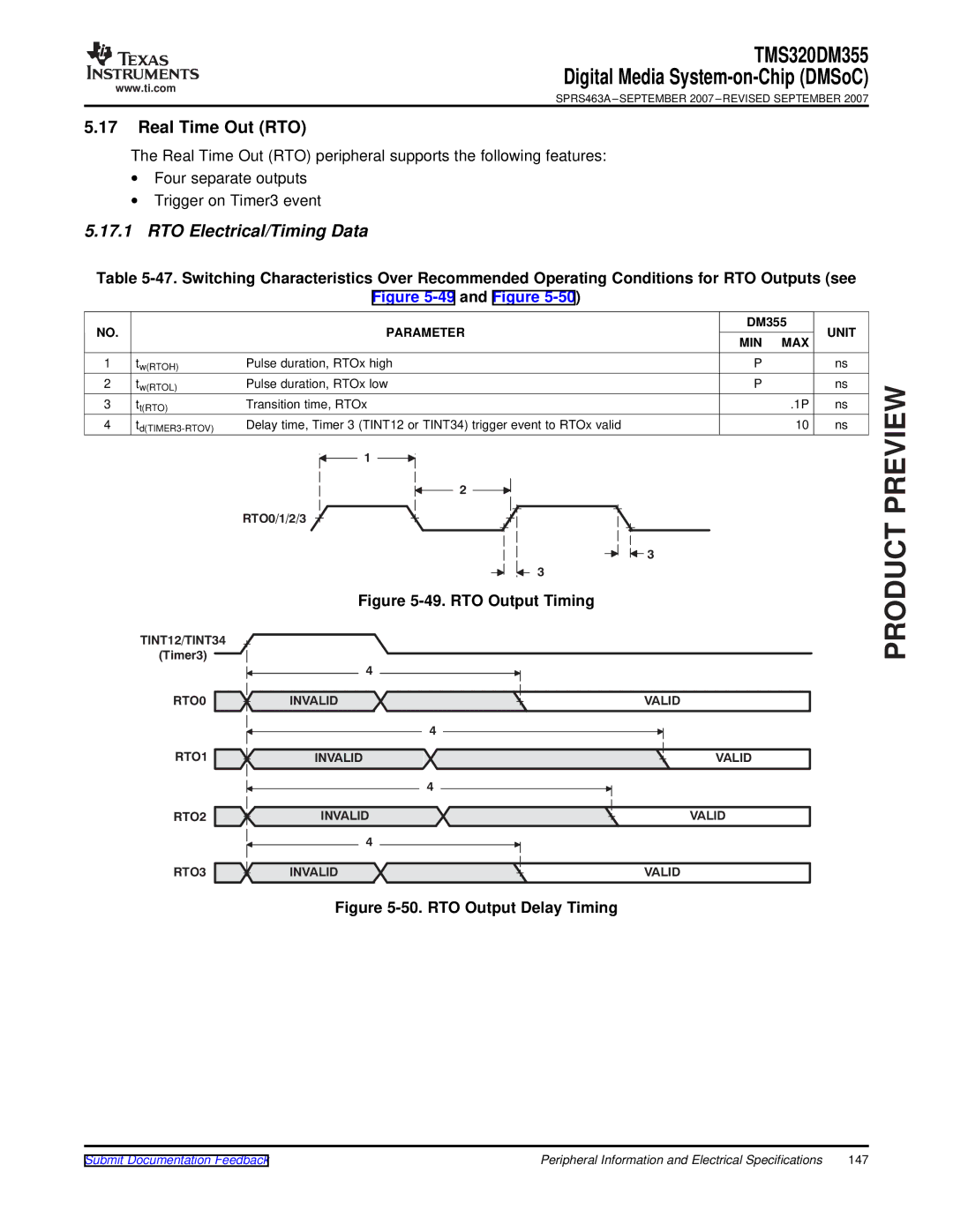 Texas Instruments TMS320DM355 warranty Real Time Out RTO, RTO Electrical/Timing Data, RTO0/1/2/3, RTO1 Invalid RTO2 RTO3 