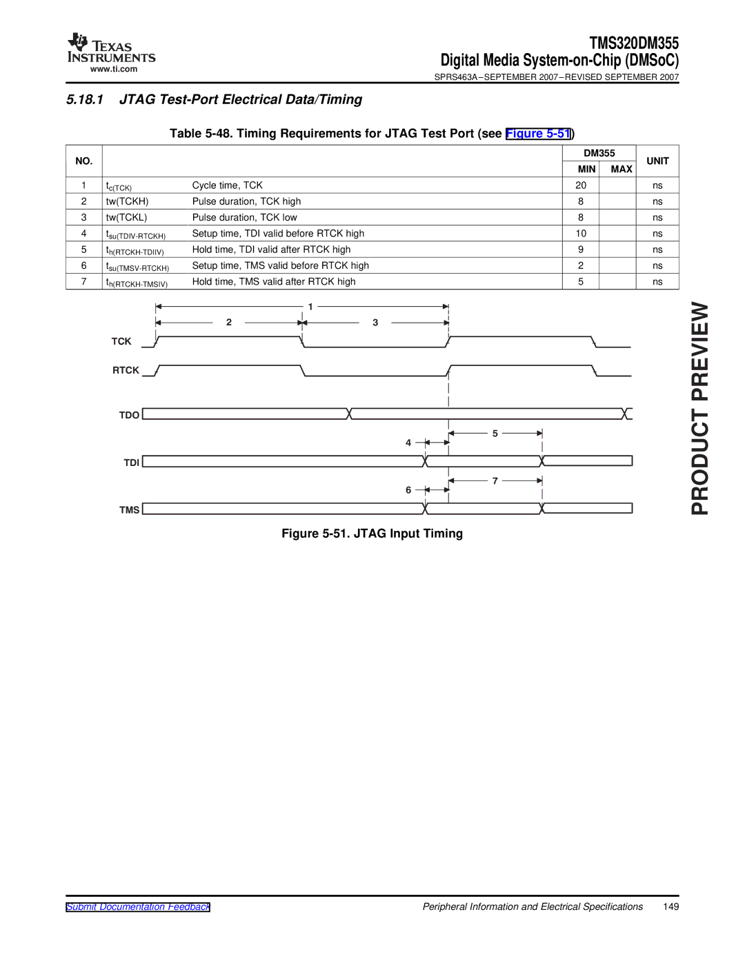 Texas Instruments TMS320DM355 Jtag Test-Port Electrical Data/Timing, Timing Requirements for Jtag Test Port see Figure 