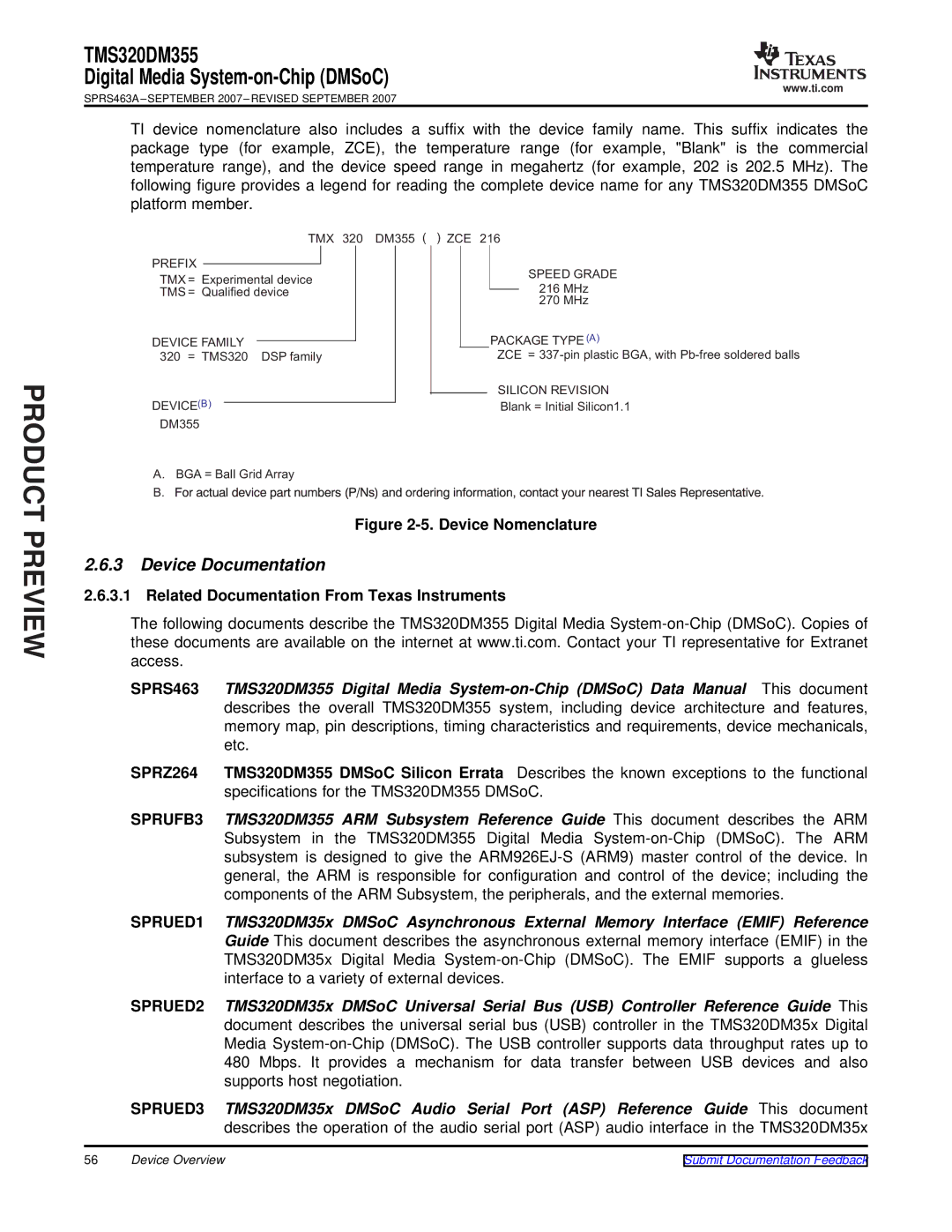 Texas Instruments TMS320DM355 warranty Device Documentation, Related Documentation From Texas Instruments 