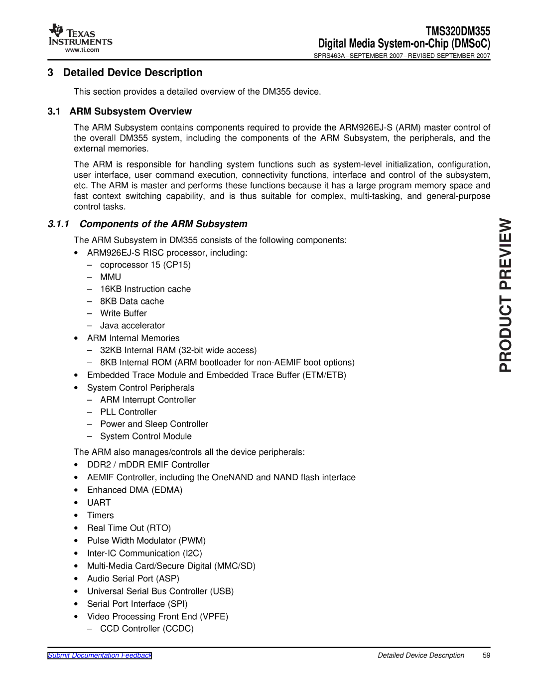 Texas Instruments TMS320DM355 warranty ARM Subsystem Overview, Components of the ARM Subsystem 