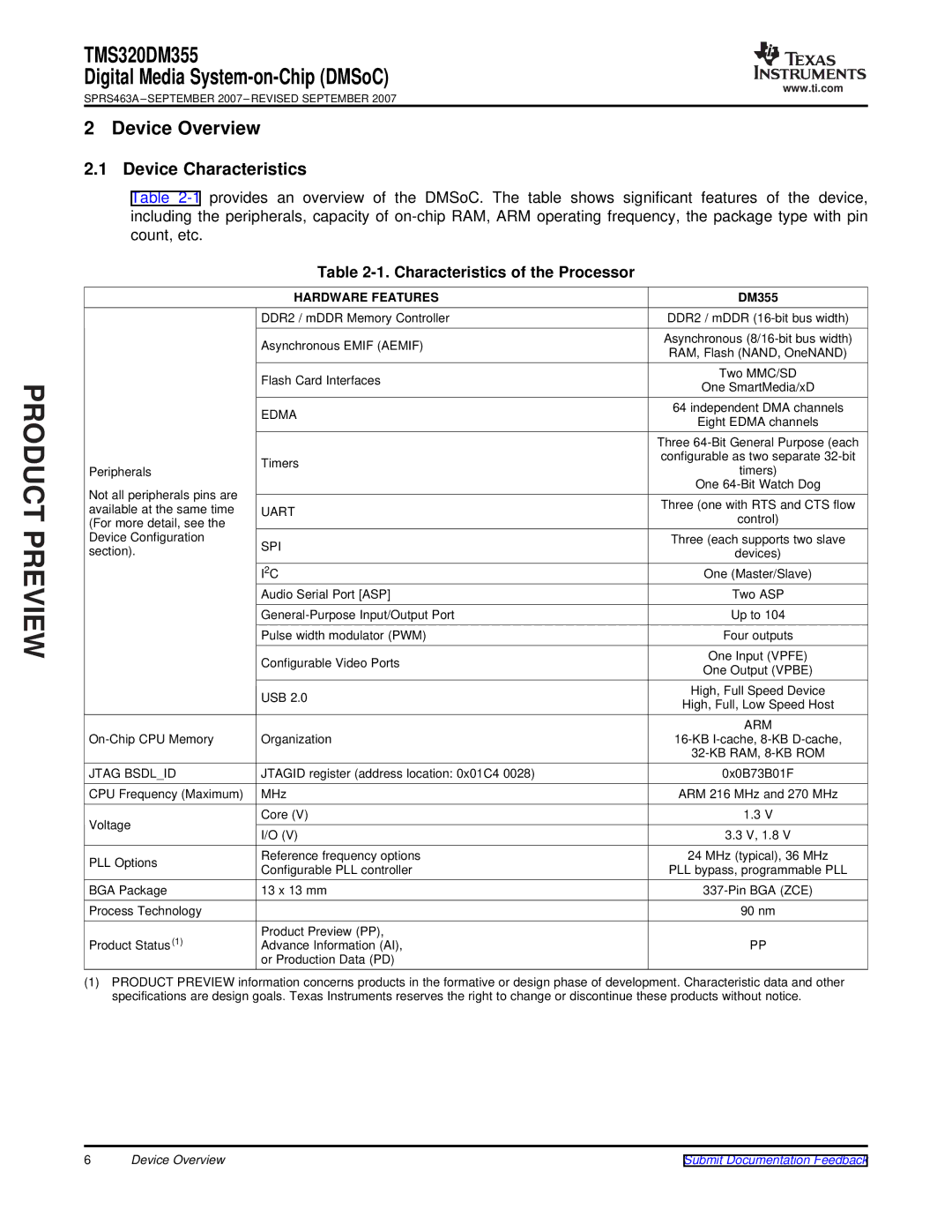 Texas Instruments TMS320DM355 warranty Device Characteristics, Characteristics of the Processor, Hardware Features 