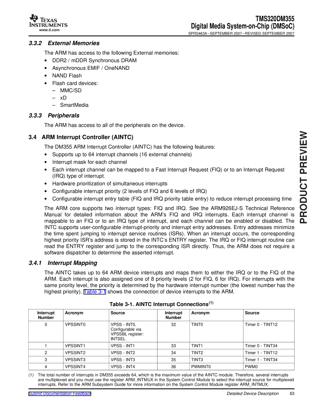 Texas Instruments TMS320DM355 warranty External Memories, Peripherals, ARM Interrupt Controller Aintc, Interrupt Mapping 
