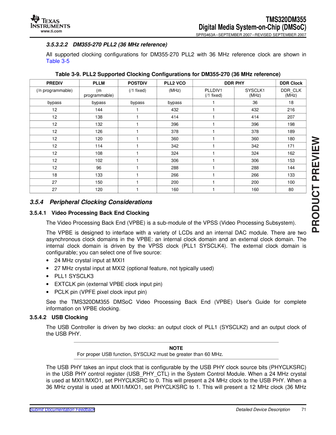 Texas Instruments TMS320DM355 warranty Peripheral Clocking Considerations, Video Processing Back End Clocking, USB Clocking 