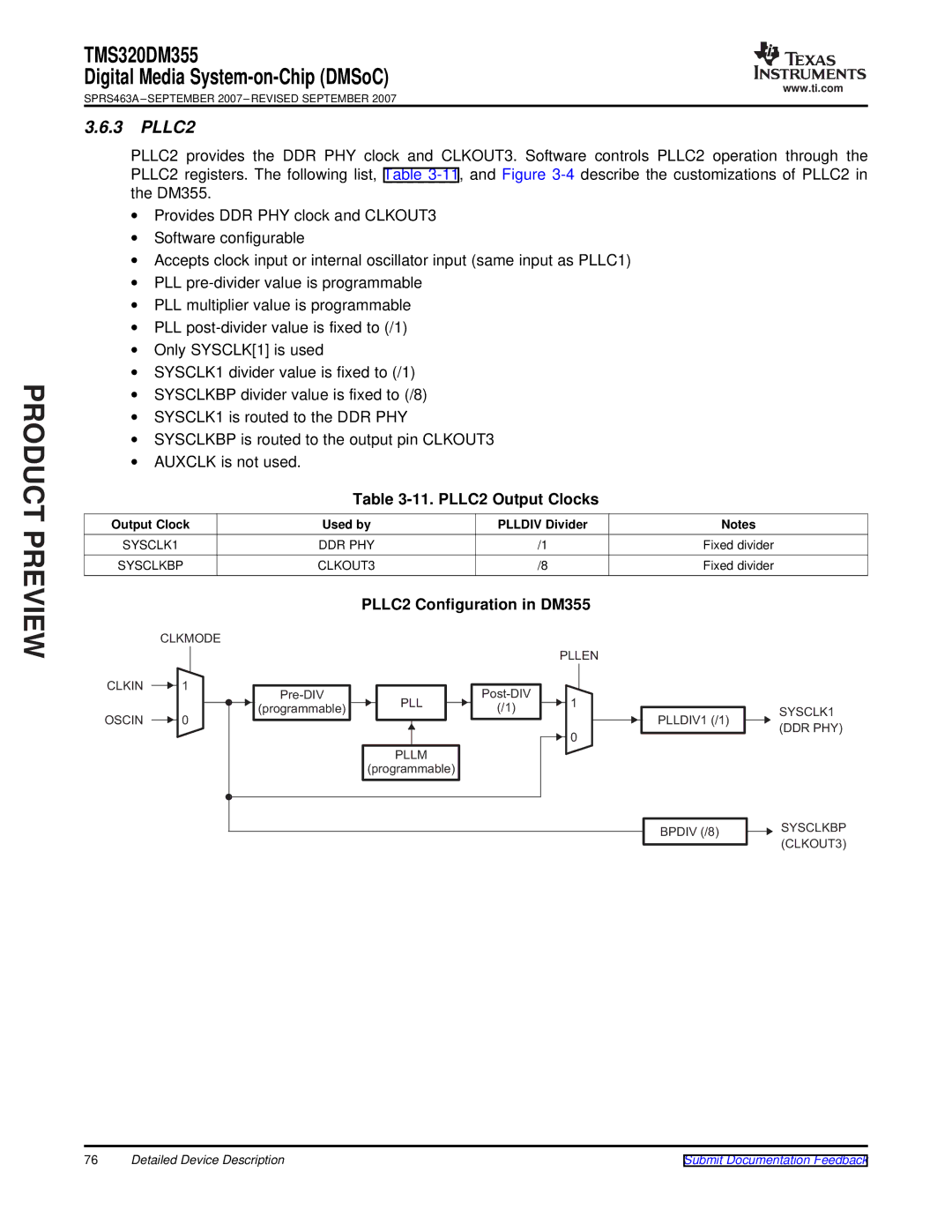 Texas Instruments TMS320DM355 PLLC2 Output Clocks, PLLC2 Configuration in DM355, SYSCLK1 DDR PHY, Sysclkbp CLKOUT3 