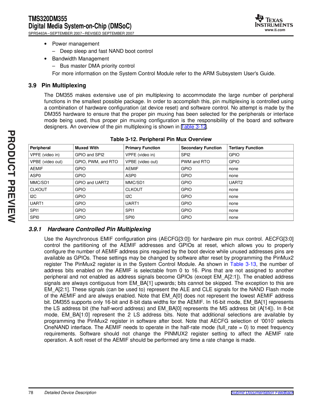 Texas Instruments TMS320DM355 warranty Hardware Controlled Pin Multiplexing, Peripheral Pin Mux Overview 