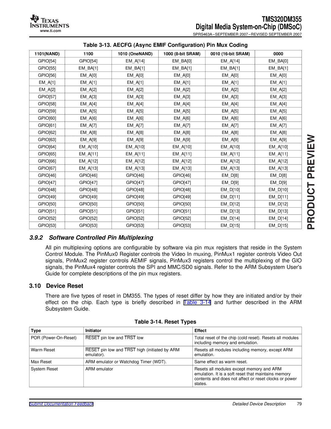 Texas Instruments TMS320DM355 warranty Software Controlled Pin Multiplexing, Device Reset, Reset Types 